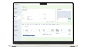 Screenshot von Optica Viva auf einem Laptop mit geöffneter Patientenakte, die Stammdaten, einen integrierten Terminkalender sowie eine tabellarische Übersicht von Rezepten und Abrechnungen zeigt.