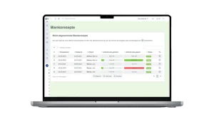 Screenshot der Blankorezept-Übersicht in Optica Viva auf einem Laptop, mit tabellarischer Liste nicht abgerechneter Blankorezepte, Spalten für Rezeptdatum, Gültigkeitsdatum, Patient, geleistete und geplante Zeitintervalle sowie farblich markiertem Status – mit Export-Optionen (CSV, Drucken).