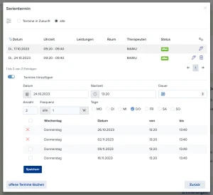 Screenshot des Serientermin-Dialogs in Optica Viva mit Konfigurationsoptionen für Datum, Startzeit, Dauer, Frequenz und Wochentag sowie einer tabellarischen Vorschau der geplanten Therapietermine.