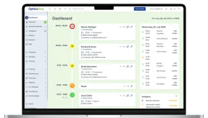 Screenshot des Optica Viva Dashboards auf einem Laptop, mit tagesstrukturierter Terminliste (inkl. Patientennamen, Zeiten und Hausbesuchsadressen), einer Aufgabenliste rechts sowie einem Kalender-Seitenbereich – Datum: Dienstag, 23. Juli 2025.