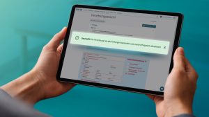 Hände halten ein Tablet mit der thevea-Verordnungsansicht und einer grünen Erfolgsmeldung, dass die Verordnung alle Prüfungen bestanden hat.